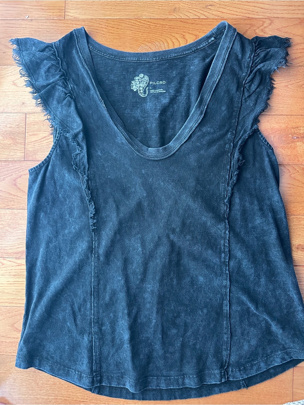 Pilcro Washed Black Ruffle-Trim Scoop Neck Tank